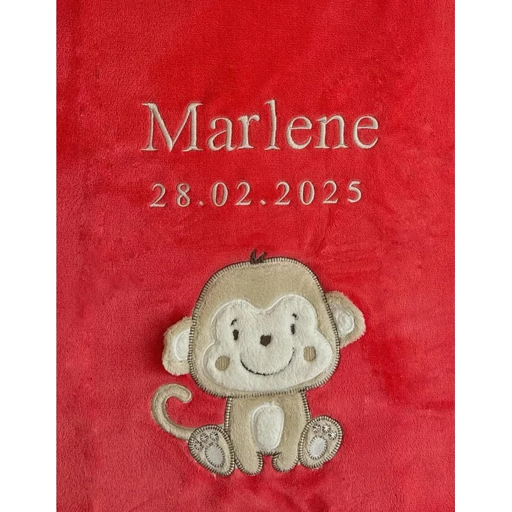 KIDDI-MEDIA Babydecke mit Name und Geburtsdatum Bestickt/kuschelig weich / 1A Qualität (Koralle - Äffchen)