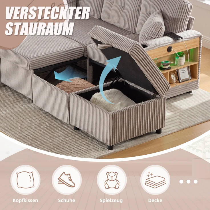 LVHOM Schlafsofa mit LED & USB, Ecksofa mit Ablagefächern, Schublade und Becherhaltern, Schlafcouch aus Cordstoff, frei Kombination, 196x144x85 cm – Bild 8