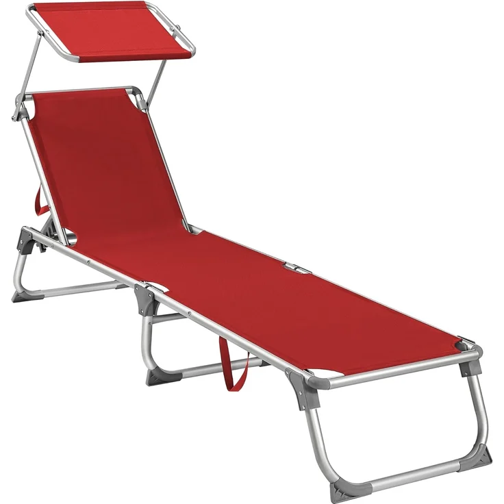 SONGMICS Sonnenliege, klappbarer Liegestuhl, 193 x 55 x 31 cm, max. Belastbarkeit 150 kg, mit Sonnenschutz, verstellbare Rückenlehne, für Terrasse Pool Garten, rot GCB19RD