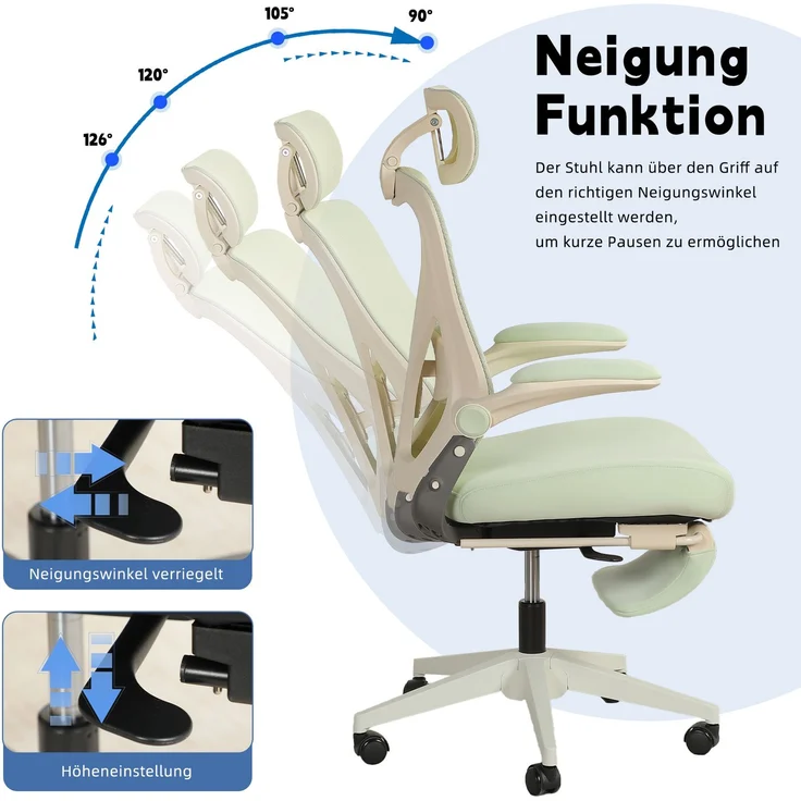 Faumrta Klappbarer ergonomischer Bürostuhl, kleiner Raumklappstuhl mit Taillenstütze, Schwammsitzkissen, klappbare Armlehnen, 3D-Kopfstützen und Bürostuhl mit Arbeitspedalen,greenFoam62cm*48.5cm*129cmGrün – Bild 2