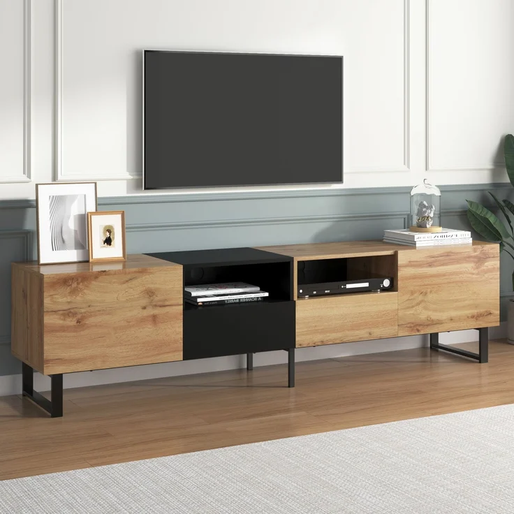 TV-Lowboard 190 cm mit Türen und Schubladen, moderner Fernsehtisch in Schwarz und Holzoptik – Bild 7
