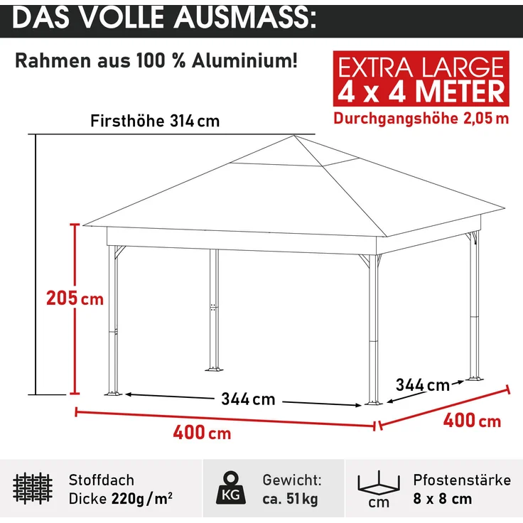BRAST 'Infinity' Pavillon inkl. Moskitonetz und LED-Beleuchtung, wasserdicht, stabil, UV-Schutz, Aluminium, Grau, 4x4 m, mit Beleuchtung – Bild 2