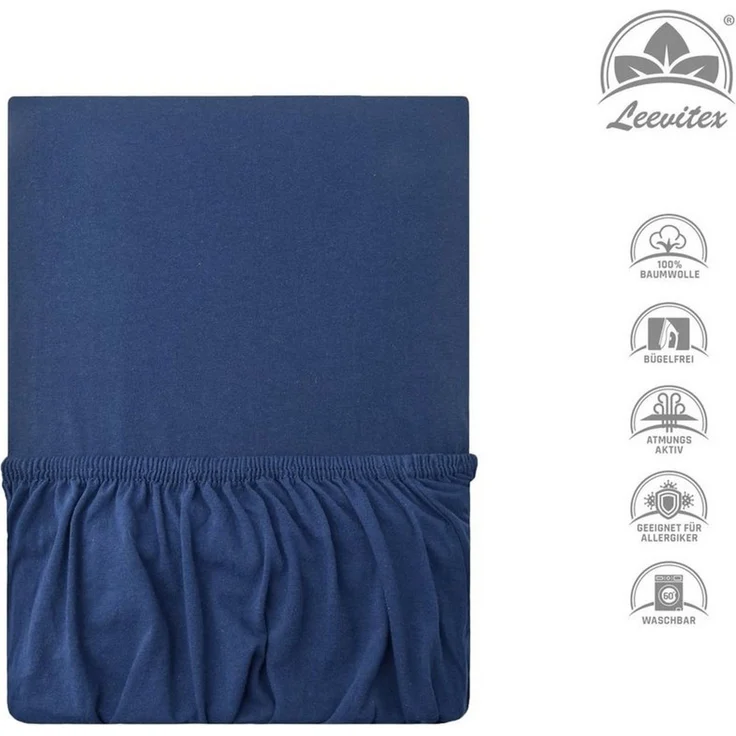 leevitex® Spannbettlaken, Premium 170g/m², Gummizug: rundum, schwer und dick, 100% Jersey-Baumwolle, Navyblau / Marine, Topper | 90 x 200 - 100 x 220 cm – Bild 2
