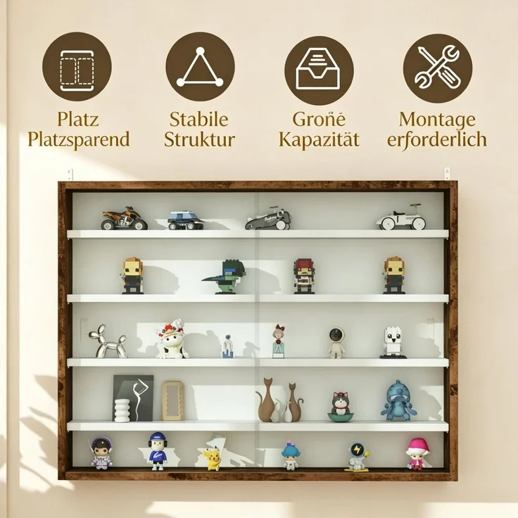 Dekorative Wandvitrine für Sammlerstücke, 5 höhenverstellbare Einlegeböden & 2 Schiebetüren(nur mit Wandbildschirm)--Braun + Weiß--80x9.5x60cm--YOUDENOVA – Bild 2