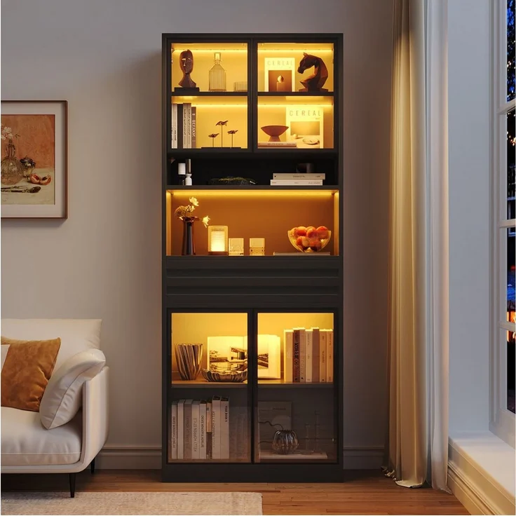 Merax Glasvitrine mit RGB LED-Beleuchtung inkl. App-Steuerung, 80 L x 35 B x 200 H cm (1-St, Wohnzimmerschrank Bücherschrank Ausstellungsschrank) Vitrine Hochschrank mit 4 Glastüren, Schublade & Stauraum – Bild 3