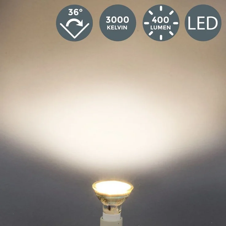 B. K. Licht - 10er Set LED Lampe GU10 mit warmweißer Lichtfarbe, 5 Watt, 400 Lumen, LED, LED Glühbirne, LED Leuchtmittel, LED Birne, Reflektor, Glühlampen, Bulb, 5,3x5 cm, Transparent – Bild 3