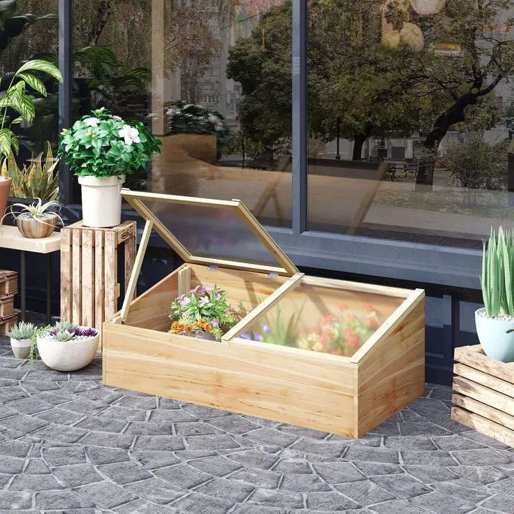 Wohnora-Mini-Gewächshaus für Setzlinge, Maße: 100 x 50 x 36 cm (L x B x H), Satteldach mit separaten Öffnungen, Polycarbonatplatten, vorgeöltes Tannenholz,H 360cm x T 1060cm x B 500cm,Naturholz