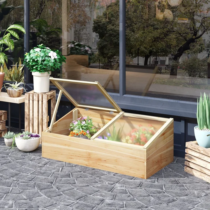 Wohnora-Mini-Gewächshaus für Setzlinge, Maße: 100 x 50 x 36 cm (L x B x H), Satteldach mit separaten Öffnungen, Polycarbonatplatten, vorgeöltes Tannenholz,H 360cm x T 1060cm x B 500cm,Naturholz – Bild 1