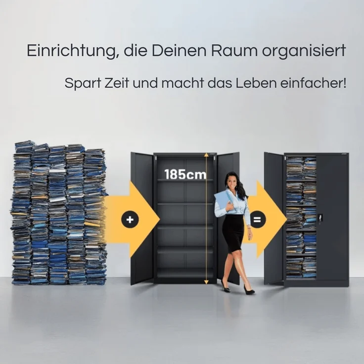 Aktenschrank abschließbar KADO - 5 Ebenen verstellbar, Flügeltüren | Metallschrank Werkstatt Mehrzweckschrank Büroschrank aus Stahl Werkzeugschrank, 185x90x40cm Anthrazit – Bild 3