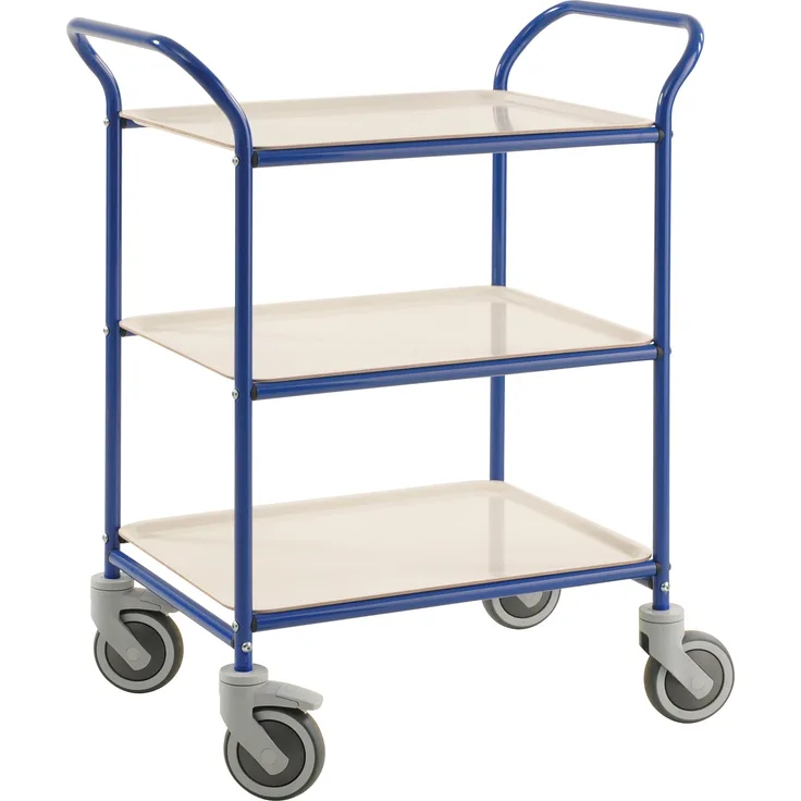 Kongamek Tablettwagen 770x495x960mm blau pulverbeschichtet mit Bremse und 3 Tabletts in weiß