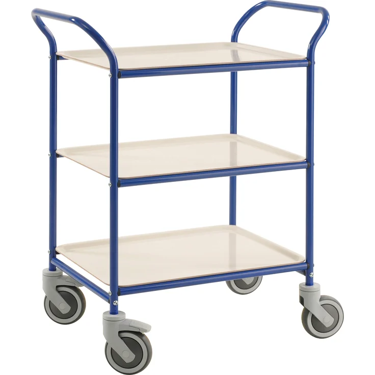 Kongamek Tablettwagen 770x495x960mm blau pulverbeschichtet mit Bremse und 3 Tabletts in weiß