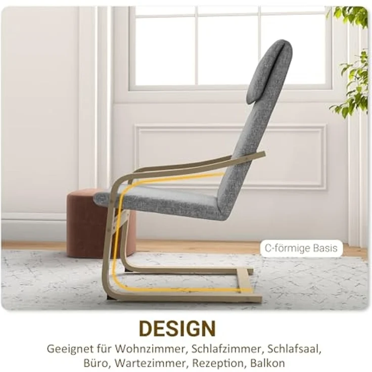 HOMCOM Relaxsessel, Ruhesessel, Relaxstuhl mit Leinenoptik, Schwingstuhl, Esszimmerstuhl mit Kopfkissen für Wohnzimmer, Birkenholz 66,5 x 80 x 99 cm, Dunkelgrau – Bild 5