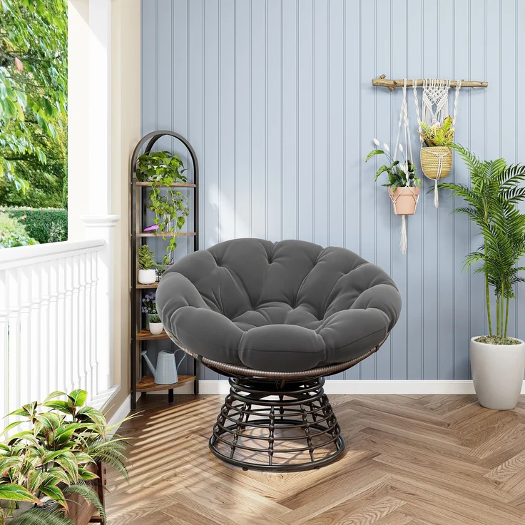 Bequemer, ergonomischer Papasan-Sessel aus Rattan, 360° drehbar, für drinnen und draußen, mit weichem, dickem Kissen, ideal für Wohnzimmer, Schlafzimmer und Leseecke, braunes Gestell mit grauem Kissen – Herde – 66 x 63 x 43 cm – YOUDENOVA – Bild 2