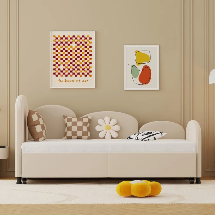 Kinderbett Blumenform, Kinderbett aus Samtstoff mit Sicherheitsrand, Massivholzrahmen, ausziehbare Schublade 90x200 cm,Beige – Bild 2