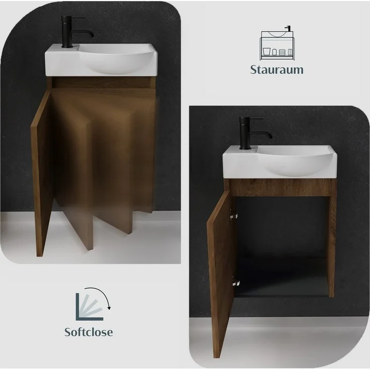 Alpenberger Badmöbel-Set Gäste WC Waschbecken mit Unterschrank - Hängeschrank Vormontiert, (Badschrank 2-tlg, Waschtisch hängend), Waschbeckenunterschrank mit Softclose - Farbe Eiche - Rechts Becken – Bild 3