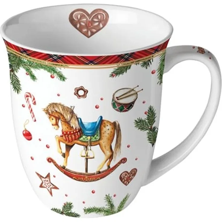 Ambiente Luxury Paper Products Becher Weihnachtsbecher- Silvester - Herbst / Winter Tee - Kaffee Tasse, 1-tlg, Porzellan Schaukelpferd, Weihnachtstasse, Weihnachten, Tannen, Zapfen - Becher 0,4 L Klassisches Schaukelpferd weiß, Kollektion, Mug, Weihnac...