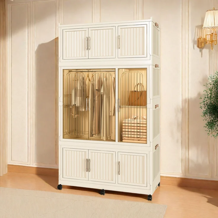 Faltbarer Kleiderschrank aus Polypropylen in Cremeweiß mit 9 Magnettüren und Rollen,H 158 x T 92 x B 45 cm – Bild 2