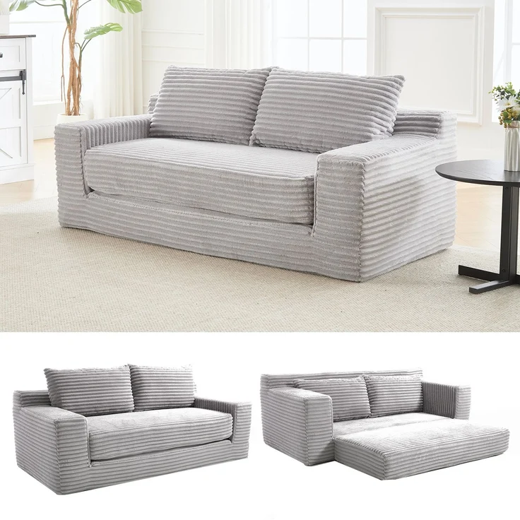 Schlafsofa aus Cord, 2-in-1-Funktion mit Memory-Schaum, 132x85x62 cm, Hellgrau – Bild 1