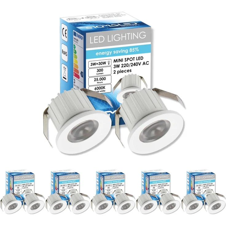Sigmaled lighting, Mini-LED-Einbaustrahler 3W, dimmbar, Kaltweiß 6000K, 300 Lumen, Runde Einbauspot, 220/240V AC, 10er-Pack (5 Box mit 2 Stuck)