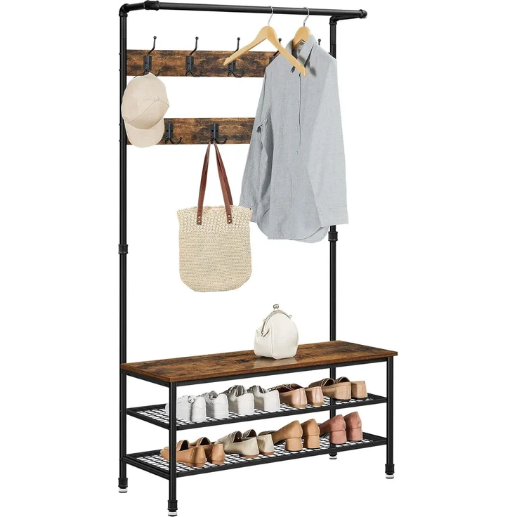 Vasagle Garderobenständer mit Sitzbank und Haken, Holz Vintagebraun/Schwarz, 100 x 41,5 x 182 cm – Bild 8