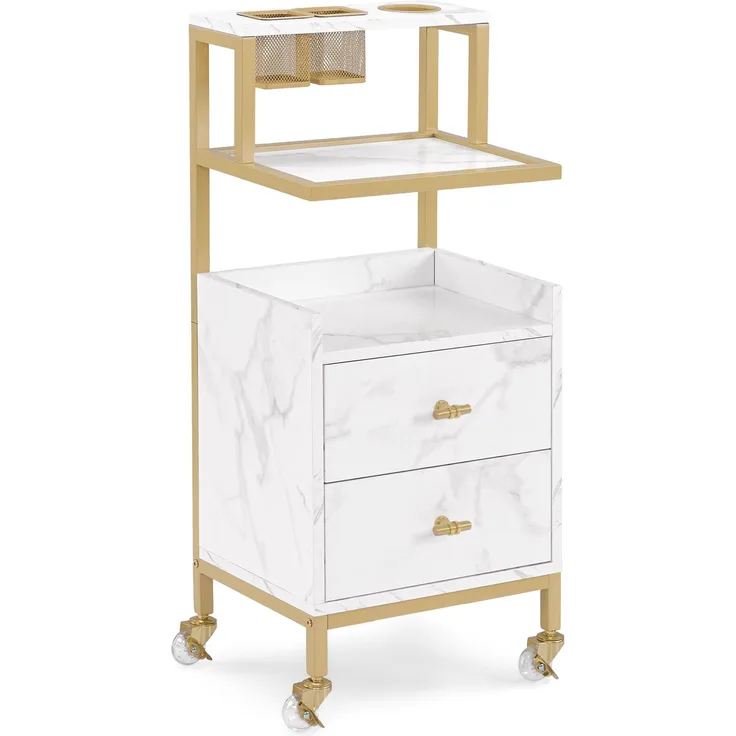 BarberPub Friseurwagen mit Rollen & 2 Schubladen, Rollwagen Servierwagen, Salon Trolley mit 2 Ablagen & Föhnhalter, Moderner Arbeitswagen für Bad Wohnzimmer, 32x37x87cm, Weiß-Gold, 0029