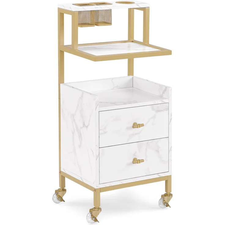 BarberPub Friseurwagen mit Rollen & 2 Schubladen, Rollwagen Servierwagen, Salon Trolley mit 2 Ablagen & Föhnhalter, Moderner Arbeitswagen für Bad Wohnzimmer, 32x37x87cm, Weiß-Gold, 0029 – Bild 1