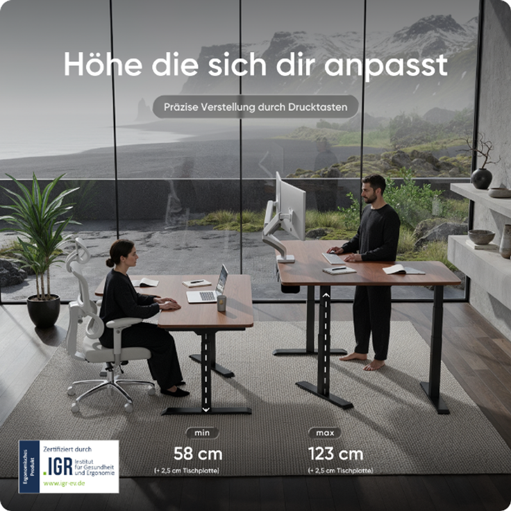 DESKSPACE CORNER Schreibtisch, Elektrisch höhenverstellbar, 160 x 130 x 70 cm, Mahagoni Tischplatte, Schwarzes Gestell – Bild 5