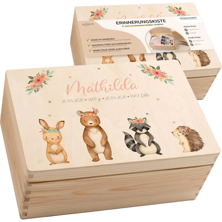 KIDSMOOD - Erinnerungsbox Baby, personalisierte Holzkiste mit Deckel, Ideal zur Aufbewahrung von Erinnerungen und als Geschenk zur Geburt, Taufe oder als Geburtstagsgeschenk für Mädchen und Jungen