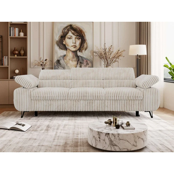 Polstersofa PETER, Sofa 3-Sitzer mit Schlaffunktion, verstellbaren Armlehnen und Kopfstütze, Gepolsterte Couch, Wellenfeder - Beige Cord – Bild 4
