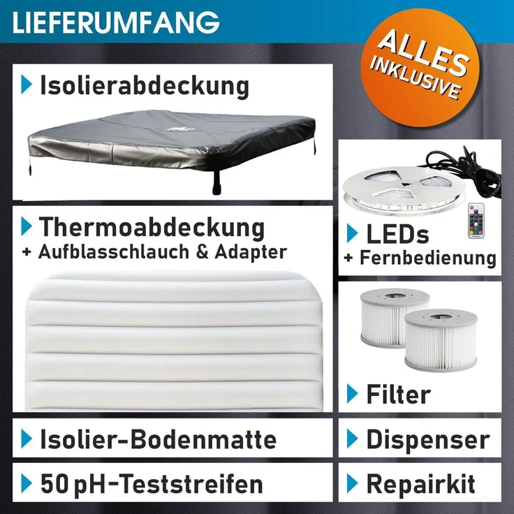 BRAST Whirlpool MSpa Oslo & Amber Aero Plus mit Fester Außenwand inkl. LED-Beleuchtung, (für 6 Personen, 180 x 180 x 65 cm, 140 Massagedüsen), Ganzjähriger Einsatz Winterfest, In & Outdoor Pool – Bild 7