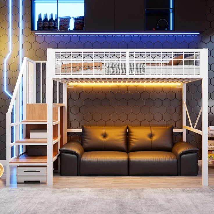 EINHOM Metall-Hochbett 140 x 200 cm, Bettgestell Inklusive Leiter und Stauraum, LED-Beleuchtung, Sicherheitsgeländer aus Metallgitter, Weiß (Ohne Matratze) – Bild 4