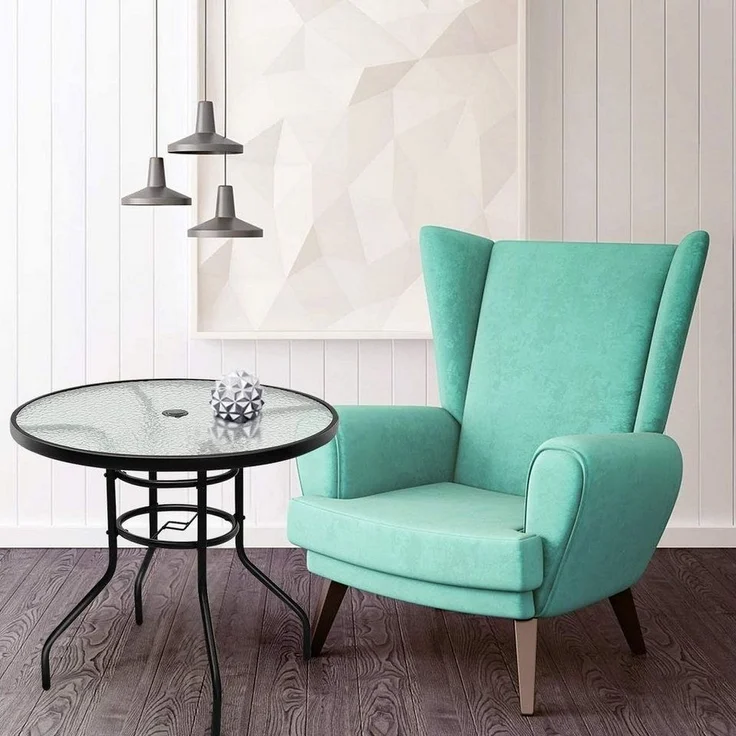 COSTWAY Bistrotisch Gartentisch Glastisch Beistelltisch Balkontisch Terrassentisch mit Schirmloch und Glasplatte für Innen- und Aussenbereich – Bild 2