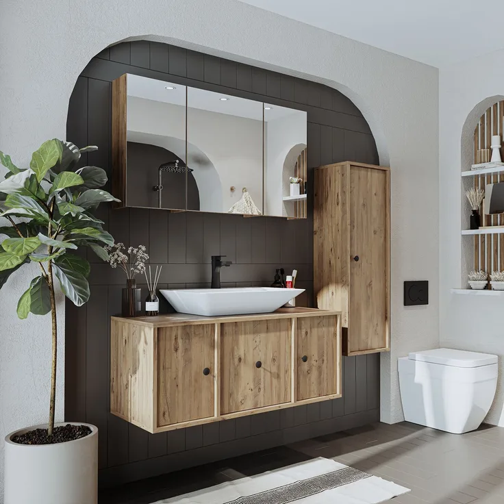 Skye Decor '2557' Badmöbel-Set mit Waschbecken & Spiegel (3-teilig), Atlantik-Kiefer, 105 x 58 x 45 cm