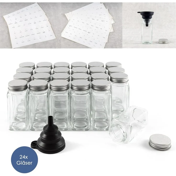 Hanseküche Gewürzbehälter Gewürzgläser Set mit Streueinsatz, Glas, (24 Gewürzgläser, 2-tlg, Set inkl. Zubehör), inkl. Ersatzstreueinsätze, Trichter und Reinigungsbürste – Bild 1