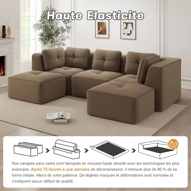 U-förmiges Sofa mit 1 Fußhocker mit Cordbezug und beweglicher Fußauflage, rahmenfreie Lounge-Couch mit breiten Armlehnen ohne Montage, Braun – Bild 5