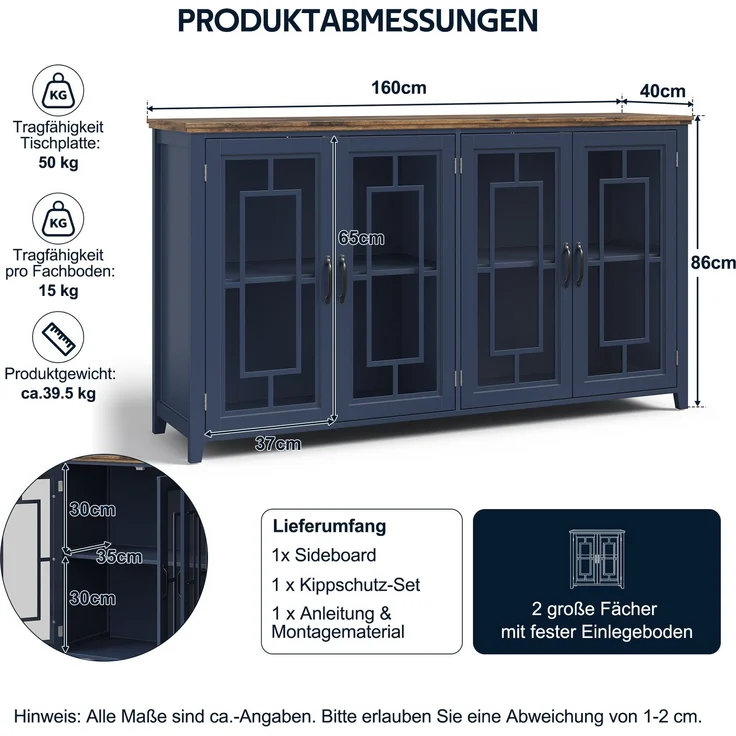 Merax 160cm Küchen-Sideboard mit Glastüren, einem geräumigen Staufach, einer Arbeitsplatte in Holzoptik und einer Kippsicherung, Blau – Bild 4