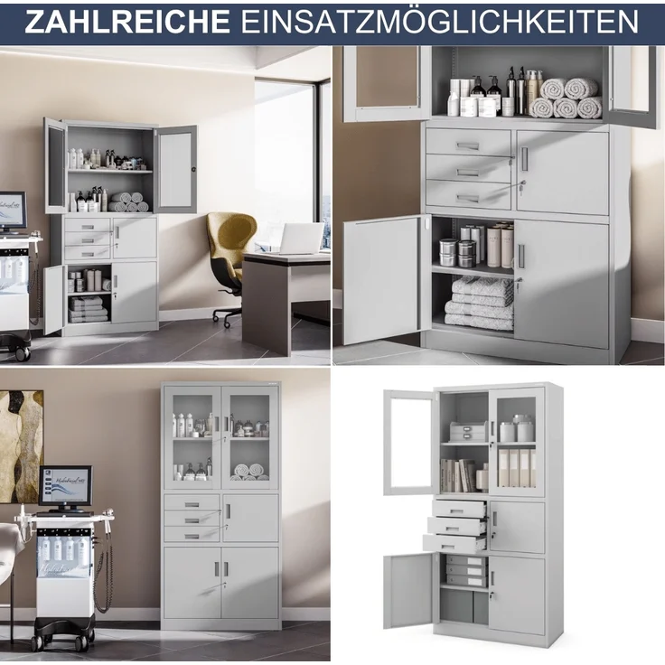 Vitrinenschrank abschließbar GEDO - mit Tresor & Schubladen| Büroschrank aus Stahl Aktenschrank mit Glasfenster Metallschrank Mehrzweckschrank, 185x90x40cm Grau – Bild 6