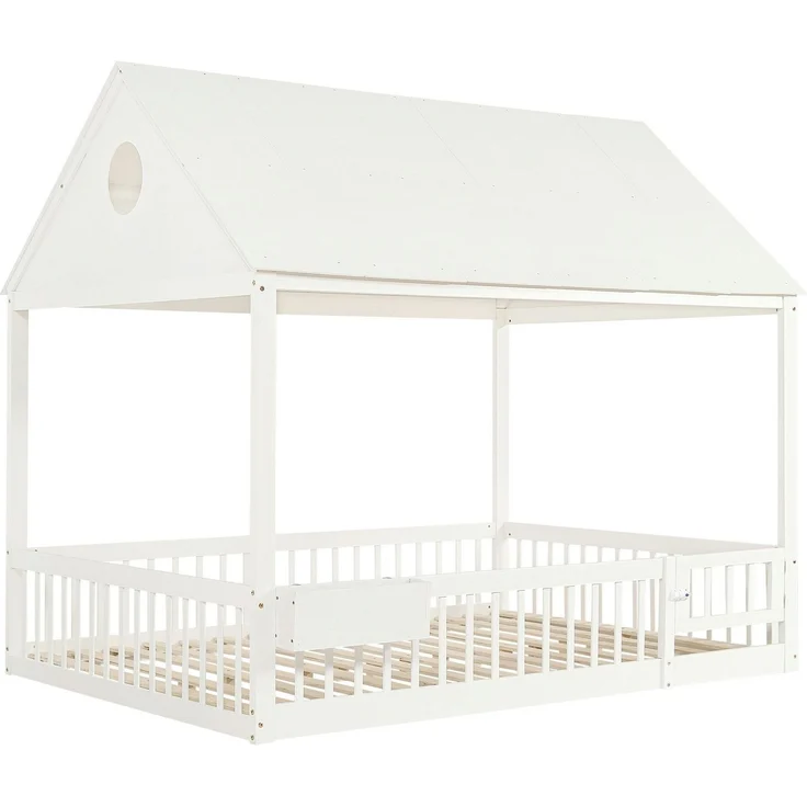 Hausbett mit Lattenrost, Bettvorhang, Zaun, Dach, Tür und Aufbewahrungsbox, 140x200 cm, Kinderbett mit Rausfallschutz, Massivholzbett, Kiefer – Bild 7