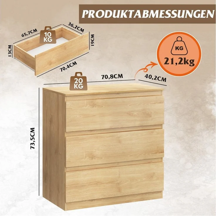 WLIVE Kommode Schubladenkommode mit 3 Schubladen, Sideboard, Breit 70,8 cm, Modernes Design ohne Griffe, Mehrzweckschrank für Schlafzimmer, Büro – Bild 1