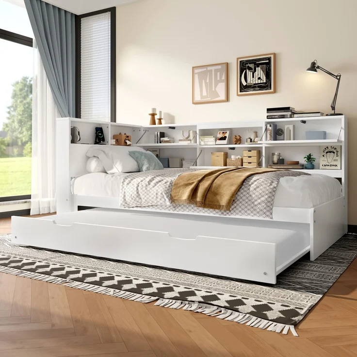Daybett,Schlafsofa,90x200 cm,Kopfteil mit Staufach,Ausziehbares Bett,Ohne Matratze,Weiß – Bild 5