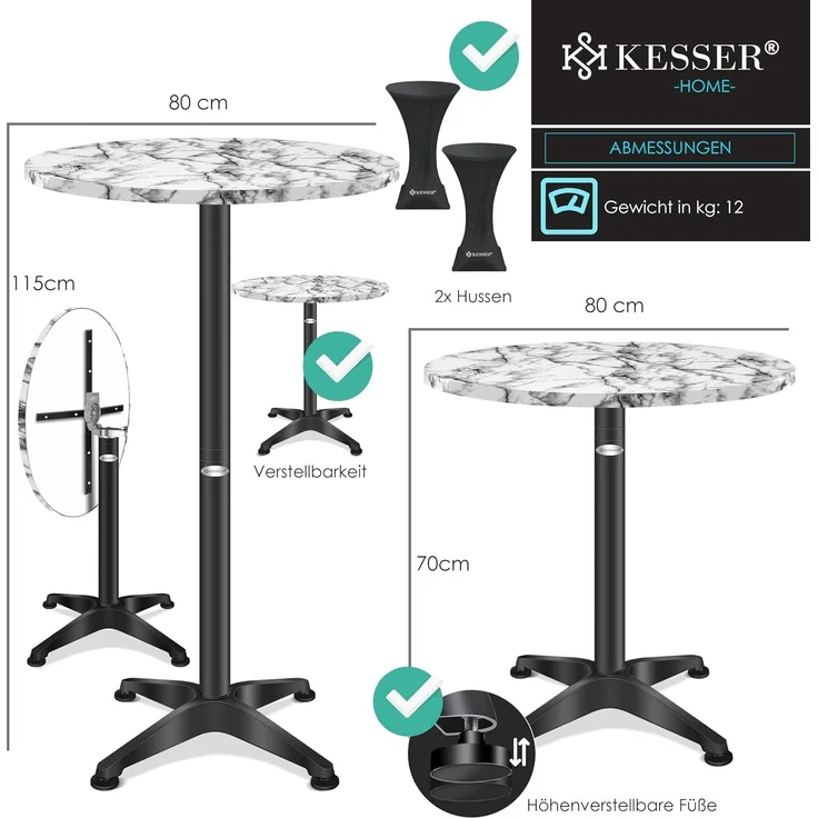KESSER® 2in1 Stehtisch klappbar Bistrotisch 2er Set | Aluminium Edelstahlplatte | höhenverstellbar 70cm / 115cm | Partytisch Tisch Ø 80cm | In- & Outdoor Empfangstisch | Klapptisch mit Cover Marmor – Bild 2