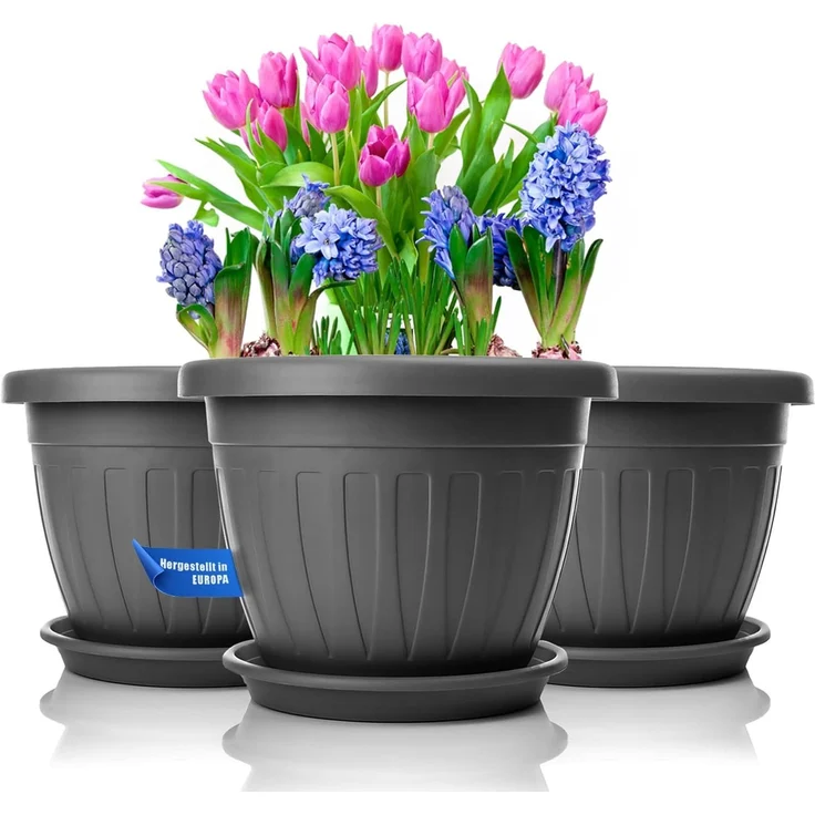 BigDean 3x Blumentopf mit Untersetzer rund ø33xH25 cm anthrazit - wetterfester Pflanzkübel - Wasserablauf UV-beständig aus bruchsicherem Kunststoff - Innen + Außen geeignet - Made in Europe – Bild 1