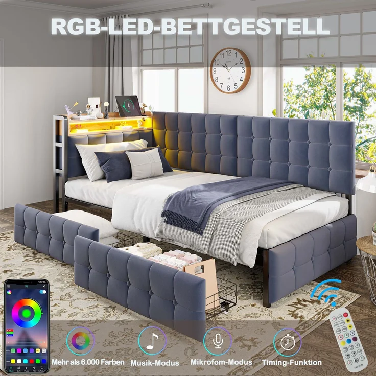 90 X 200 Gepolstertes Schlafsofa, Polsterbett mit 2 Schubladen und LED-Nachttischlampe, USB- und Typ-C-Anschluss, multifunktionales Kinder-Bootsbett, Schlafsofa Einzelbett Grau – Bild 6