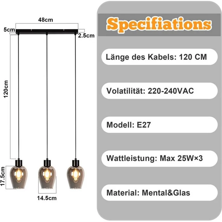 Nettlife Pendelleuchte Vintage Schwarz mit 1/3/4 flammig Rauchglas-Schirmen Hängelampe E27, Höhenverstellbar, LED wechselbar, Esstischlampe für Wohnzimmer Küche – Bild 2