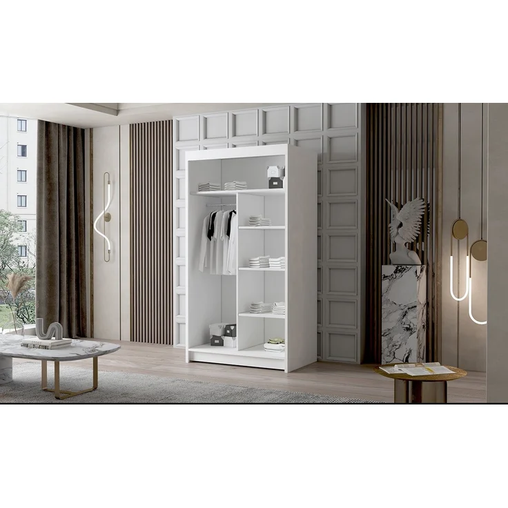 Schwebetürenschrank Letto III 100 cm mit Spiegel - Kleiderschrank, Schiebetürenschrank mit Kleiderstange und Einlegeboden, Schlafzimmerschrank, Schiebetüren - 100x200x58 cm (Weiß) – Bild 2