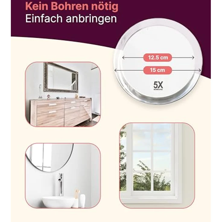 Fantasia® Beauty Kosmetikspiegel 5-fach Vergrößerung, Spiegel ohne Bohren mit 2 Saugnäpfen, Ø 15 cm, ideal für Bad, Dusche & Reisen – Bild 4