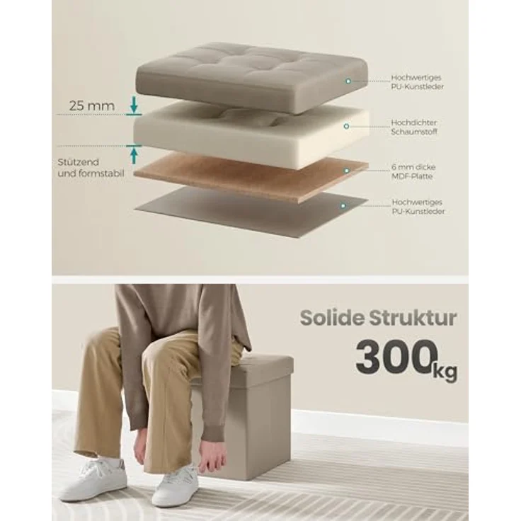 Songmics Sitzhocker 38 cm, Aufbewahrungsbox faltbar, Fußhocker mit Deckel, aus Kunstleder, bis 300 kg belastbar, für Eingang, Wohnzimmer, Schlafzimmer, kamelbraun LSF030K13 – Bild 5