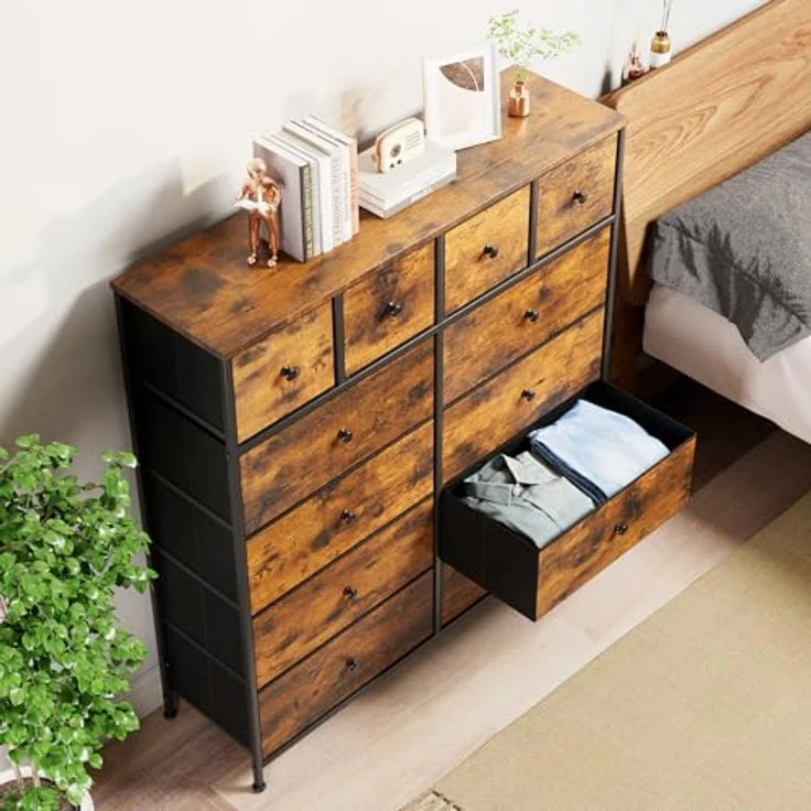 Clevich Stoff-Kommode, Schminktisch Schrank, Aufbewahrungsschrank, 12 Schubladen aus Stoff, Metallrahmen, industrieller Stil, für Wohnzimmer, Flur, Schlafzimmer (Retro braun+schwarz) – Bild 3