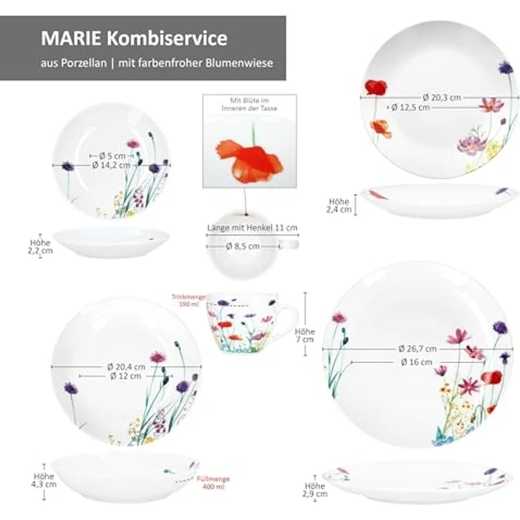 MamboCat Kombiservice 30tlg Kombiservice Marie Porzellan 6 Pers. Tassen Untertassen Teller, Porzellan – Bild 5