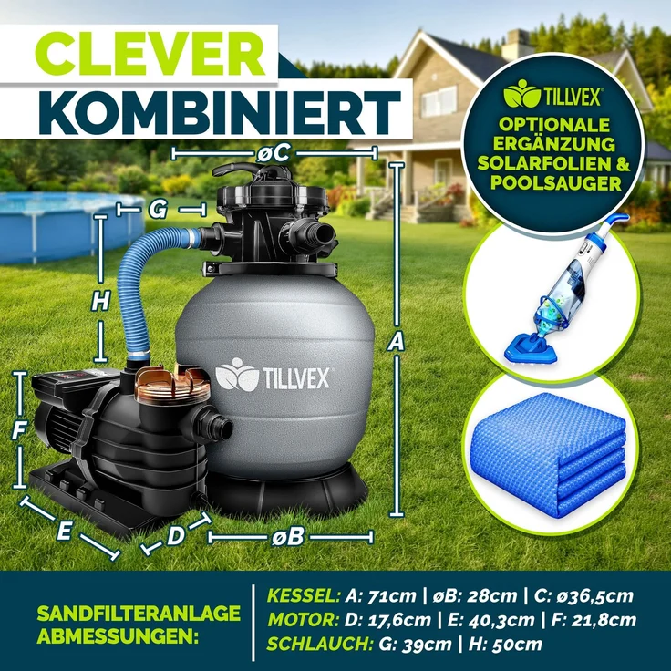 tillvex® Sandfilteranlage Pool mit Timer Grau 13.200L/h bis 40.000L + 1200g Filterbälle | Filteranlage 7-Wege Ventil & 2in1 Adapter Ø32-38mm | Poolfilter Selbstansaugend | Sandfilter Schwimmbecken – Bild 3